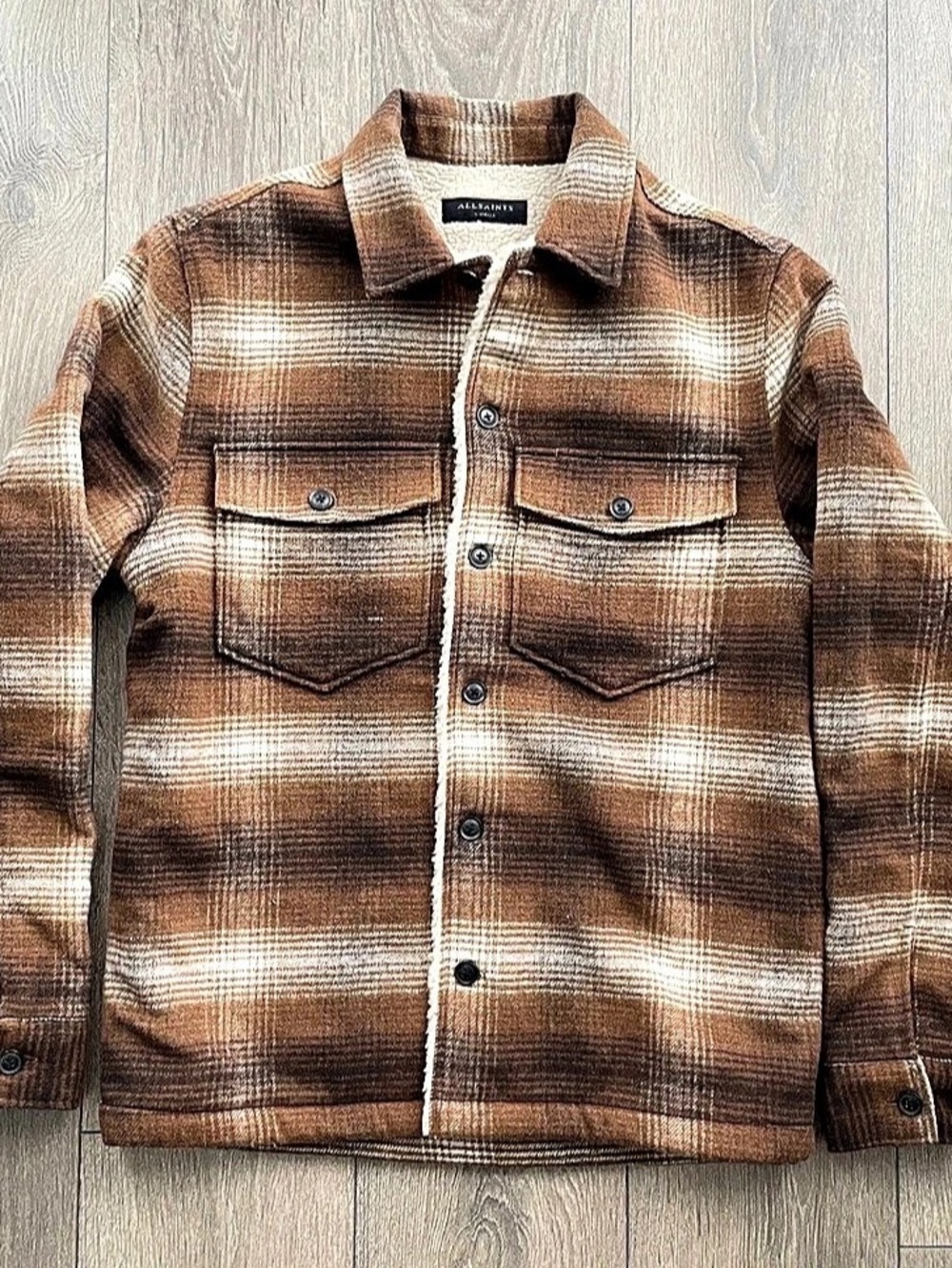 AllSaints Ormond Checked Sherpa Jacket Brown & White Size S